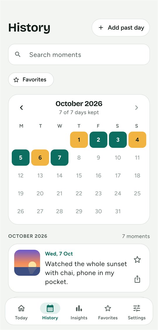 History screen with month calendar, search and favourites filter