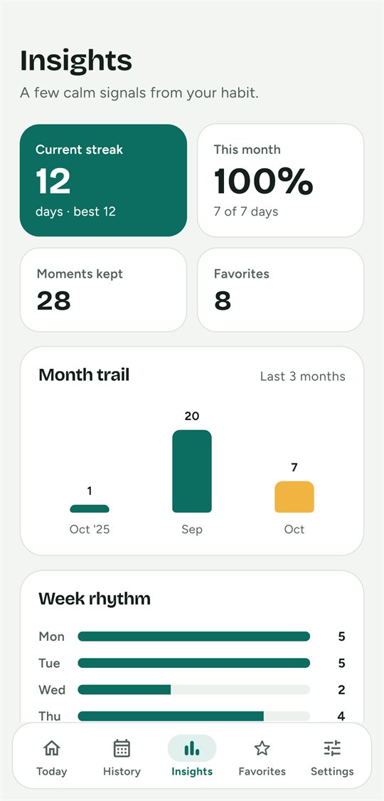 Insights screen with streak, month trail and week rhythm