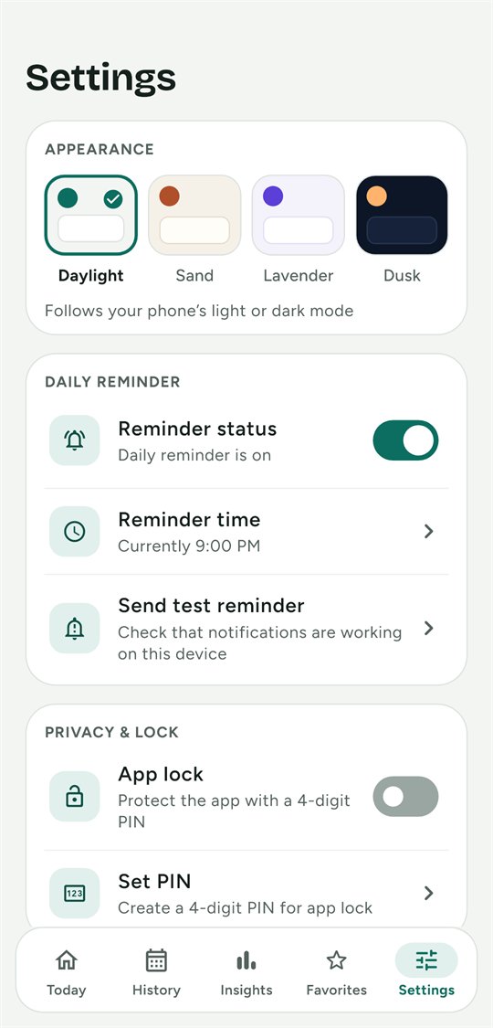 Settings with appearance themes, reminder, PIN lock and backup